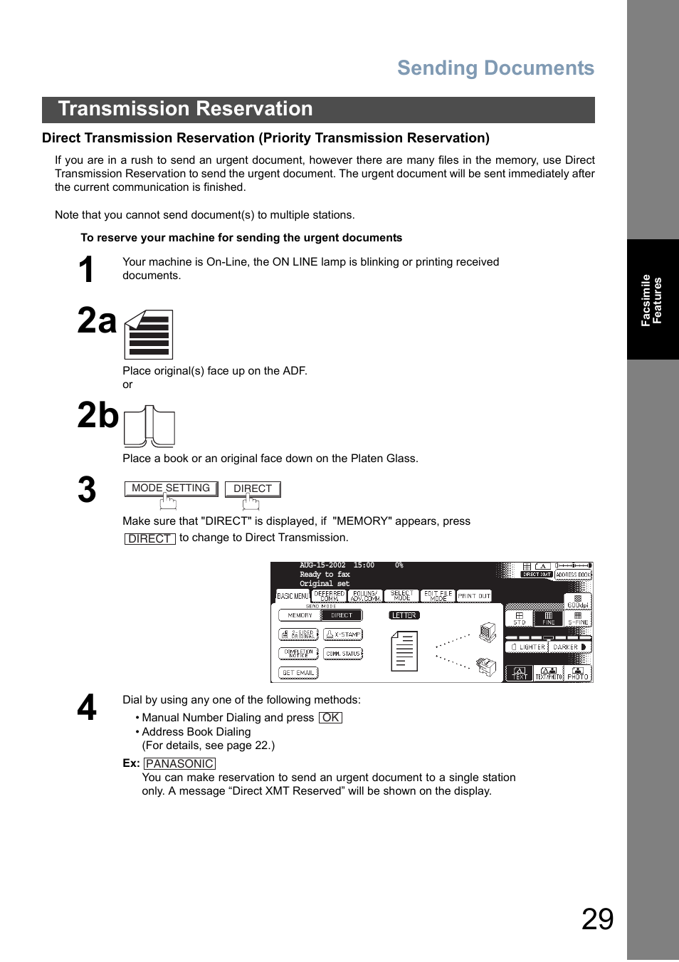 Sending documents, Transmission reservation | Panasonic DP-6010 User Manual | Page 29 / 228