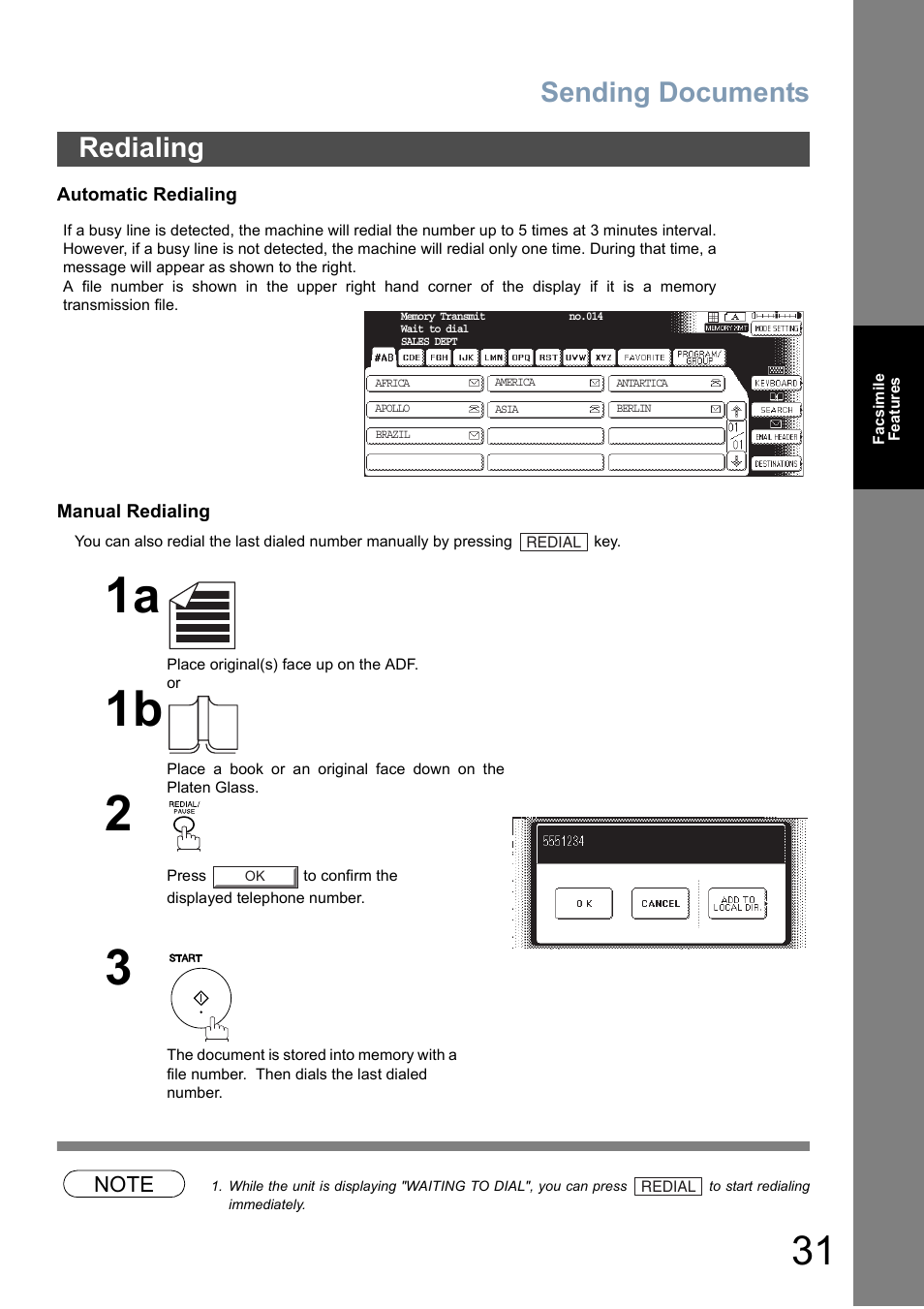 Redialing, Sending documents | Panasonic DP-6010 User Manual | Page 31 / 228