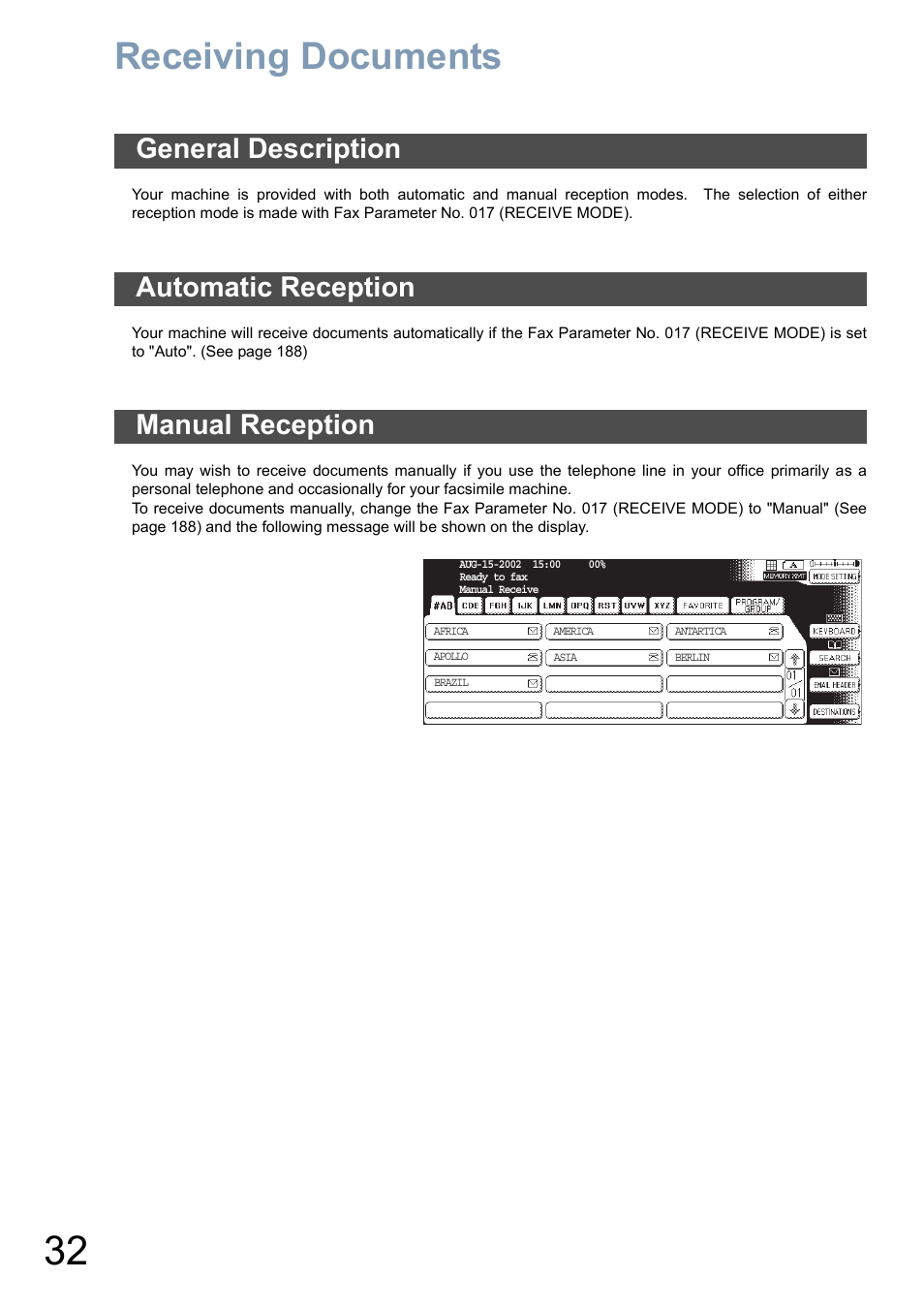 Receiving documents, General description, Automatic reception | Manual reception | Panasonic DP-6010 User Manual | Page 32 / 228