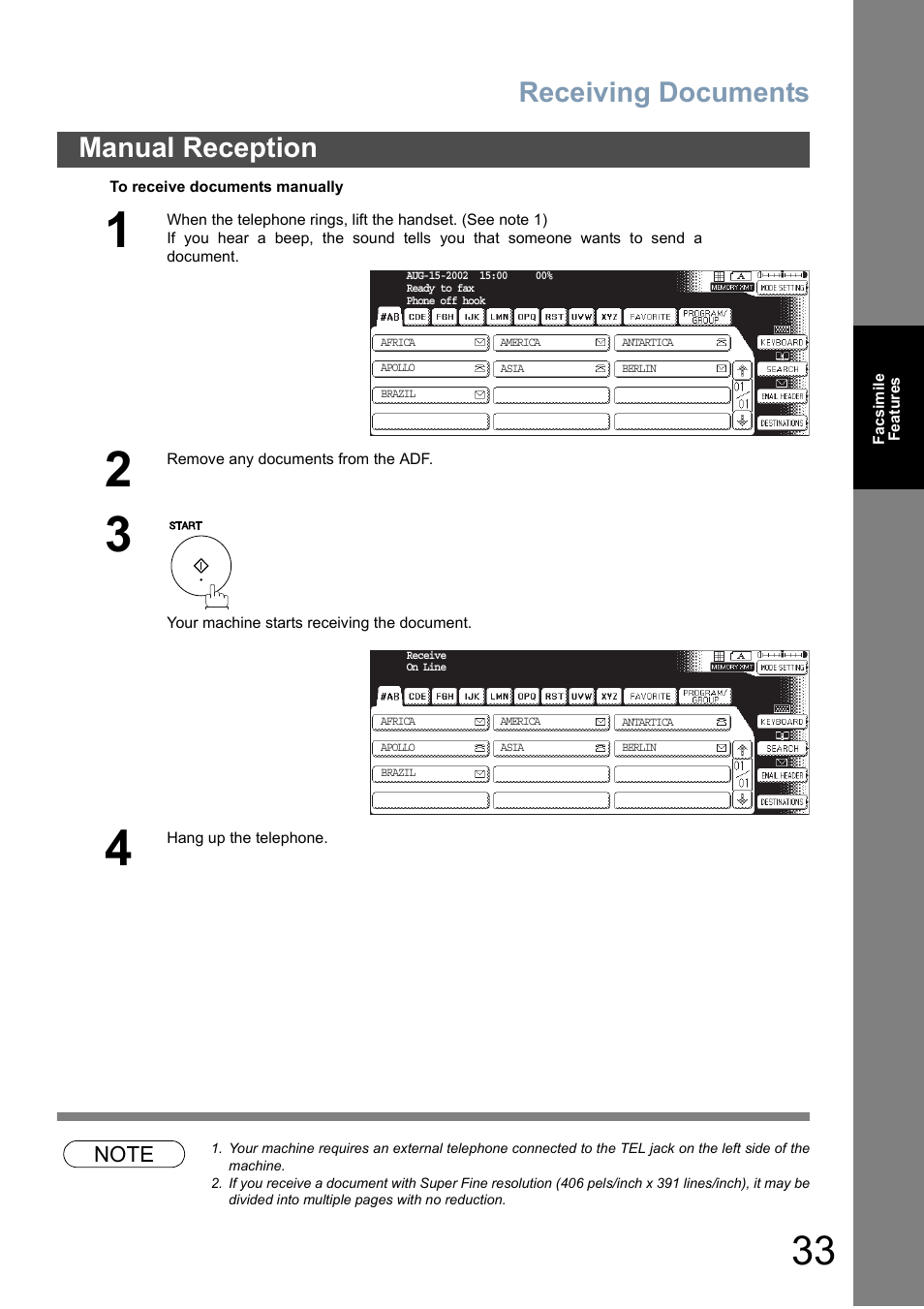 Receiving documents, Manual reception | Panasonic DP-6010 User Manual | Page 33 / 228