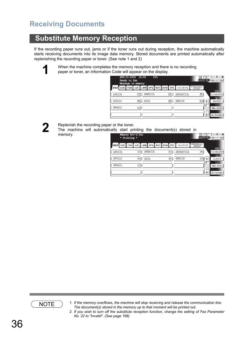 Substitute memory reception, Receiving documents | Panasonic DP-6010 User Manual | Page 36 / 228