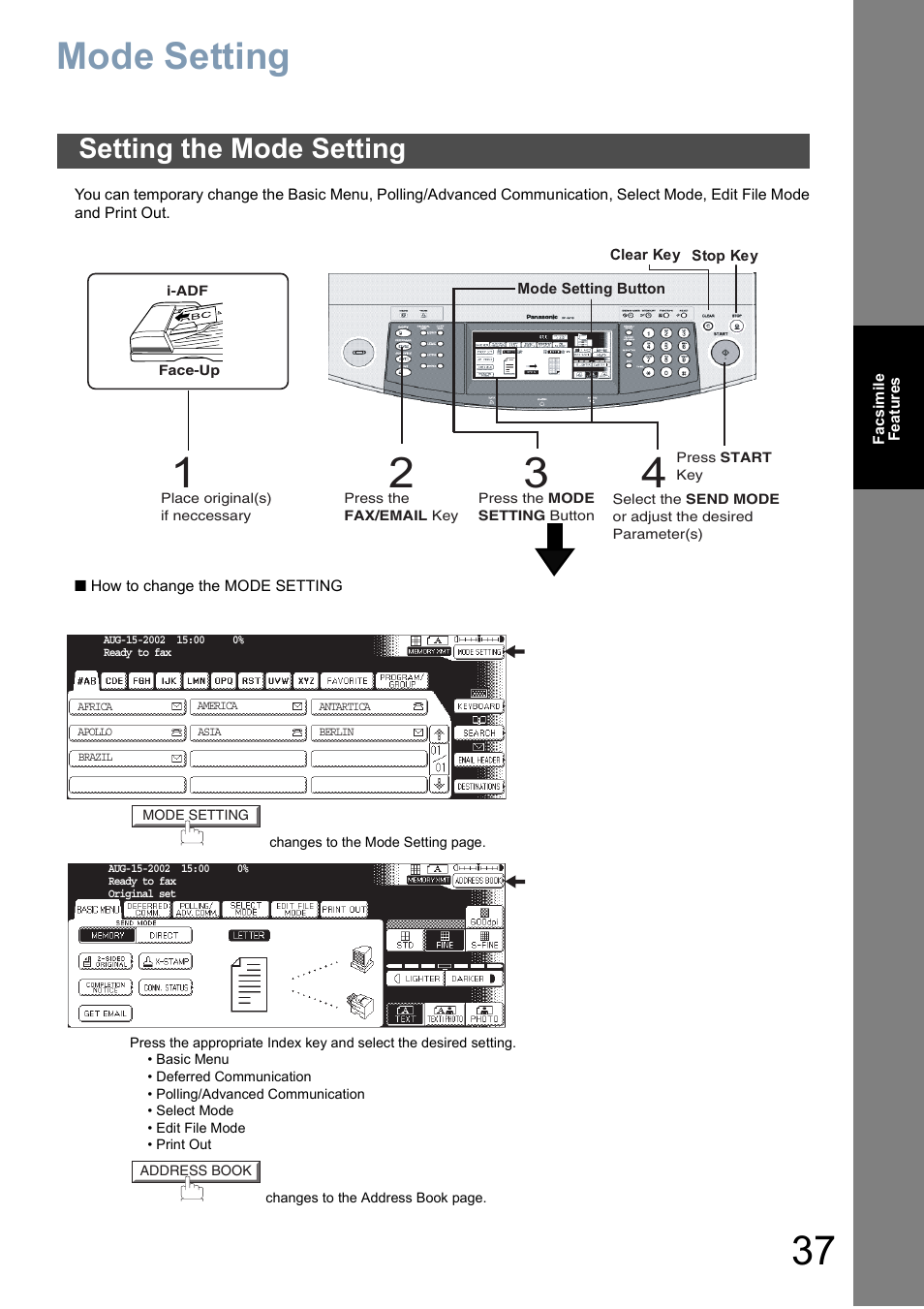 Mode setting, Setting the mode setting | Panasonic DP-6010 User Manual | Page 37 / 228