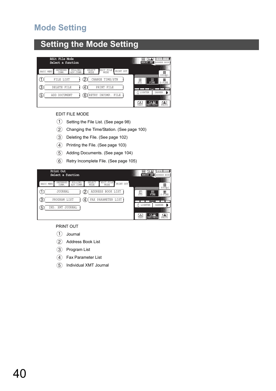 Mode setting, Setting the mode setting | Panasonic DP-6010 User Manual | Page 40 / 228