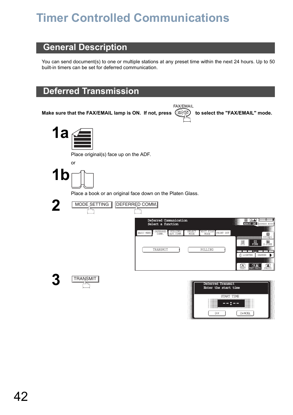 Timer controlled communications, General description, Deferred transmission | General description deferred transmission | Panasonic DP-6010 User Manual | Page 42 / 228