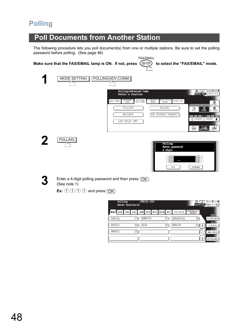Poll documents from another station, Polling | Panasonic DP-6010 User Manual | Page 48 / 228