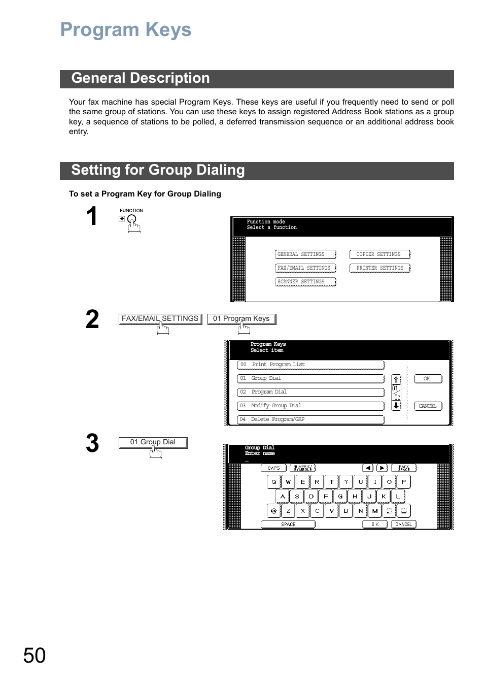 Program keys, General description, Setting for group dialing | General description setting for group dialing | Panasonic DP-6010 User Manual | Page 50 / 228