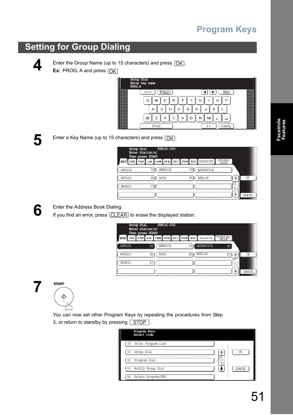 Program keys, Setting for group dialing | Panasonic DP-6010 User Manual | Page 51 / 228