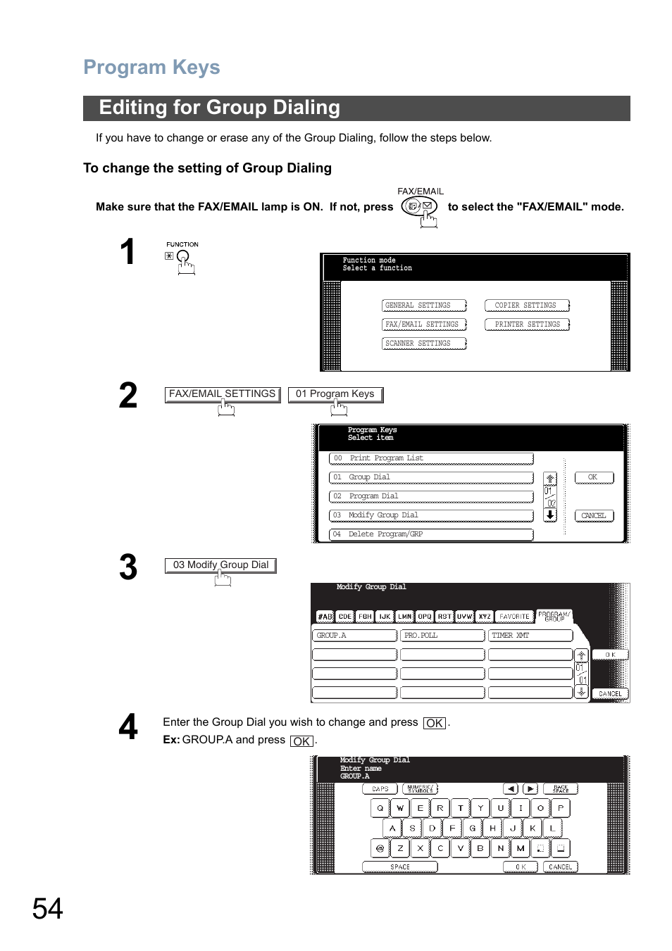 Editing for group dialing, Program keys | Panasonic DP-6010 User Manual | Page 54 / 228