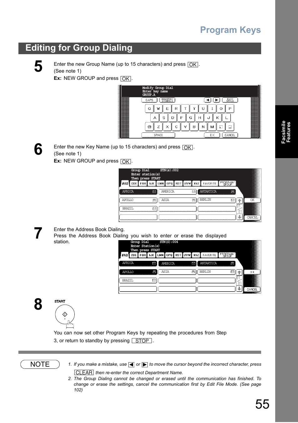 Program keys, Editing for group dialing | Panasonic DP-6010 User Manual | Page 55 / 228