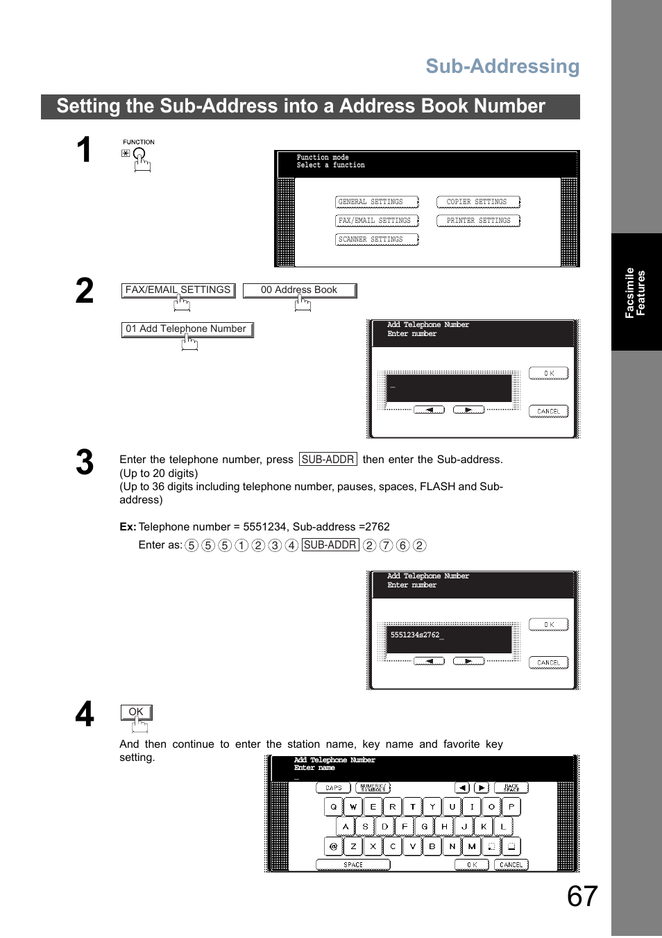 Setting the sub-address into a address book number, Sub-addressing | Panasonic DP-6010 User Manual | Page 67 / 228