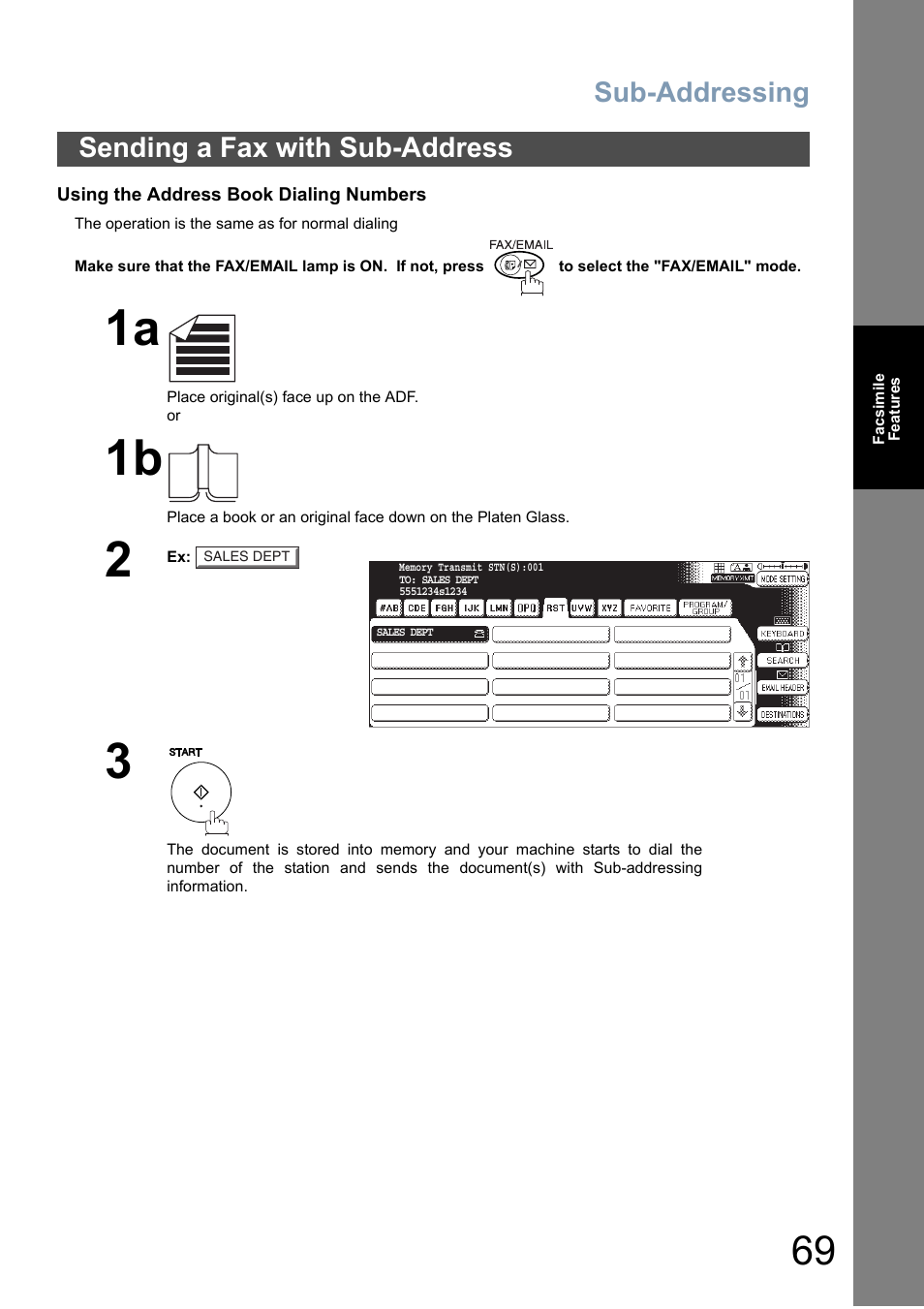 Sending a fax with sub-address, Sub-addressing | Panasonic DP-6010 User Manual | Page 69 / 228