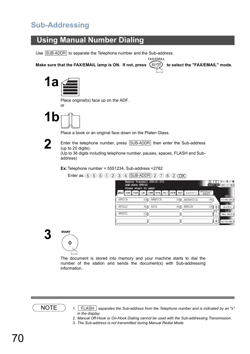 Using manual number dialing, Sub-addressing | Panasonic DP-6010 User Manual | Page 70 / 228