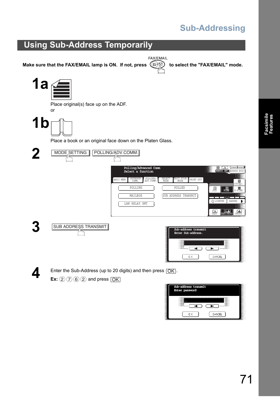 Using sub-address temporarily, Sub-addressing | Panasonic DP-6010 User Manual | Page 71 / 228