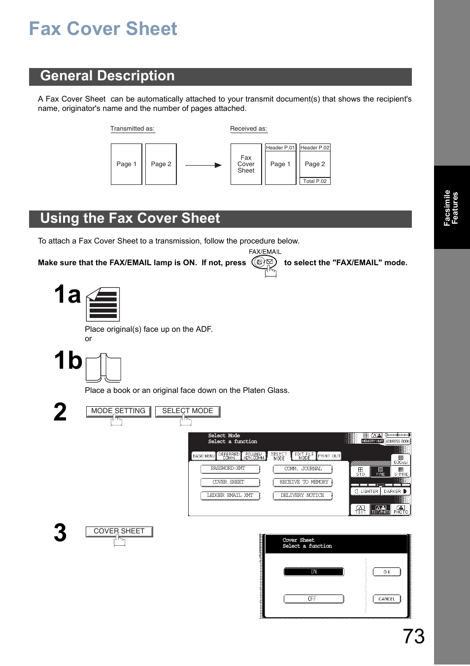 Fax cover sheet, General description, Using the fax cover sheet | General description using the fax cover sheet | Panasonic DP-6010 User Manual | Page 73 / 228