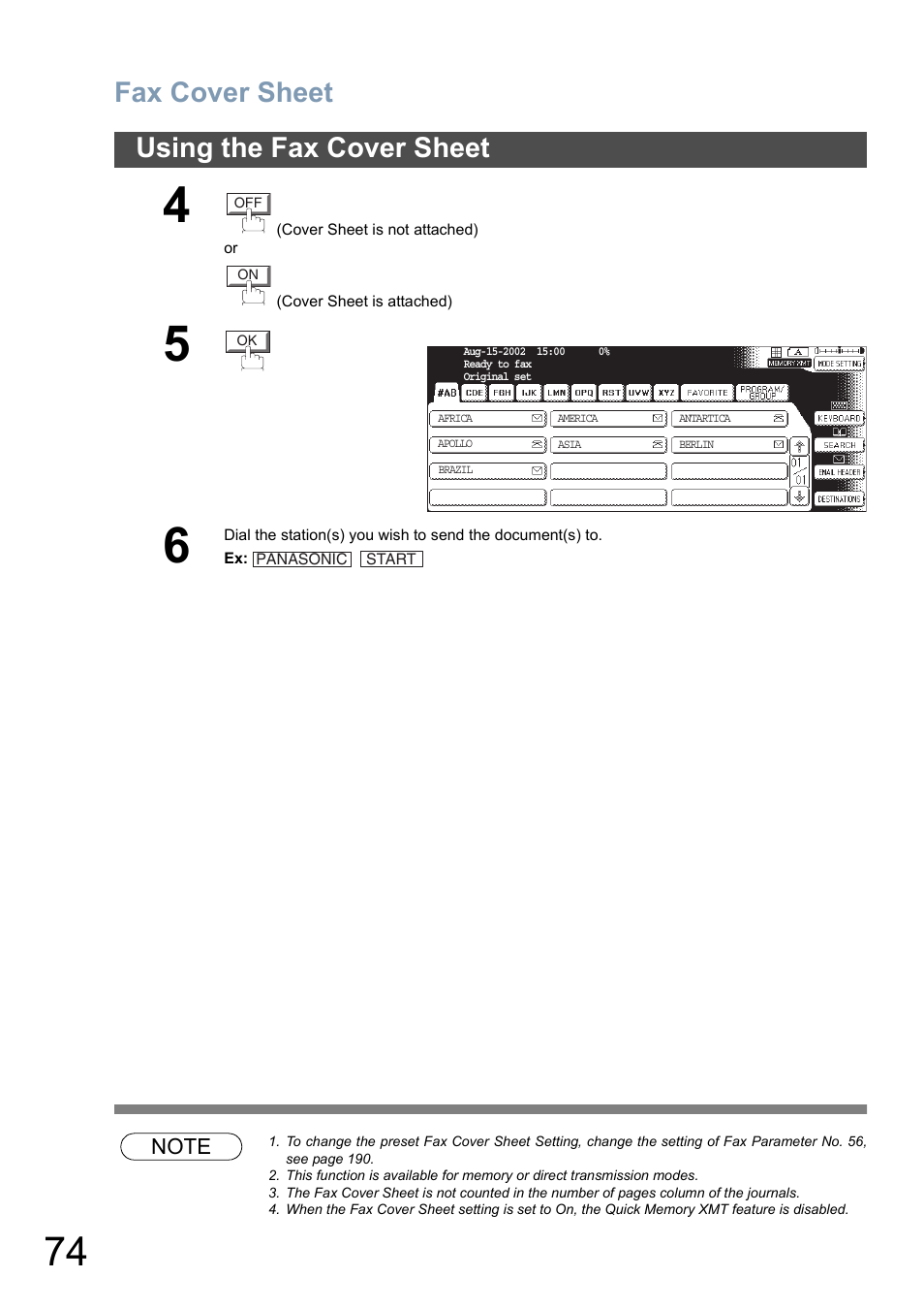 Fax cover sheet, Using the fax cover sheet | Panasonic DP-6010 User Manual | Page 74 / 228