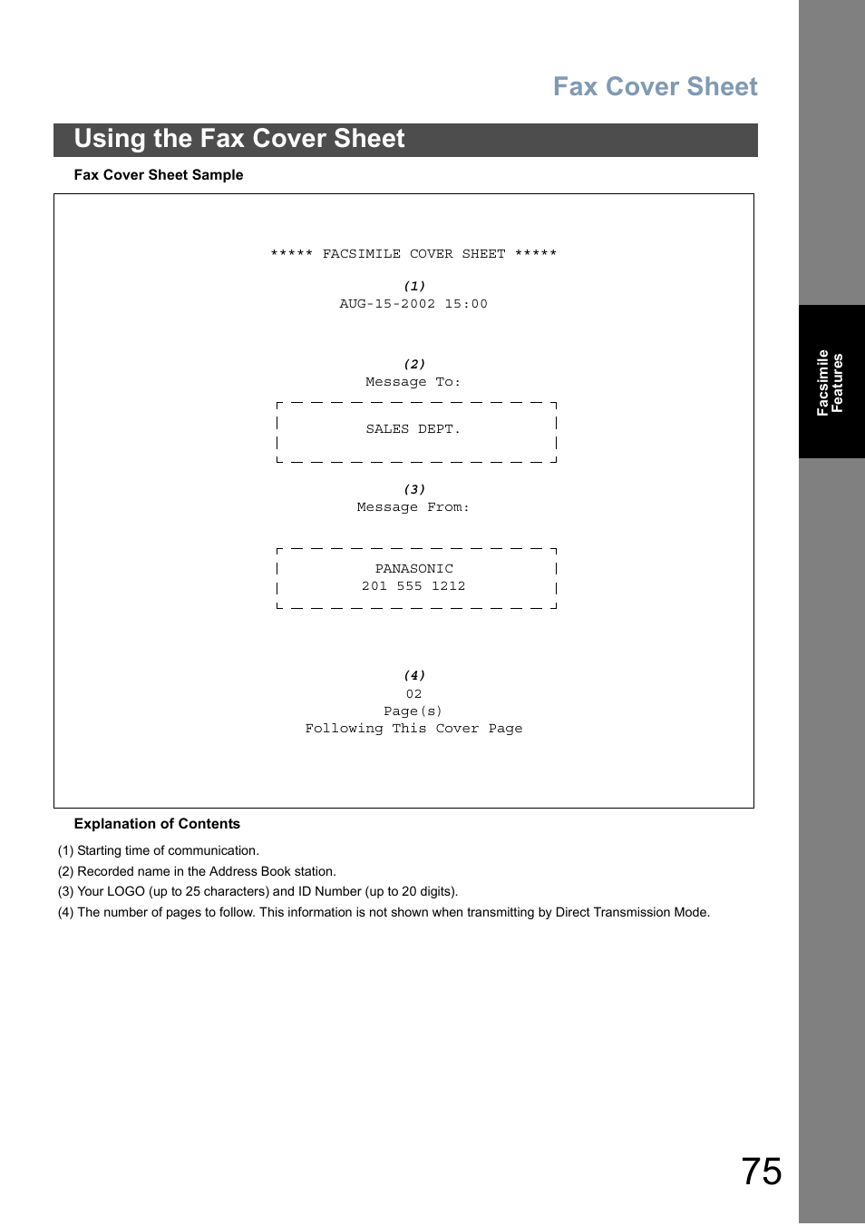 Fax cover sheet, Using the fax cover sheet | Panasonic DP-6010 User Manual | Page 75 / 228