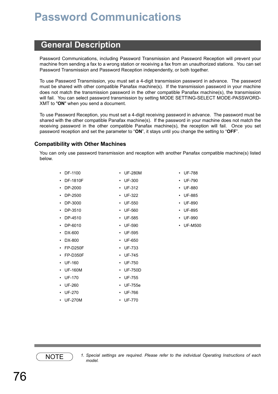 Password communications, General description, Compatibility with other machines | Panasonic DP-6010 User Manual | Page 76 / 228