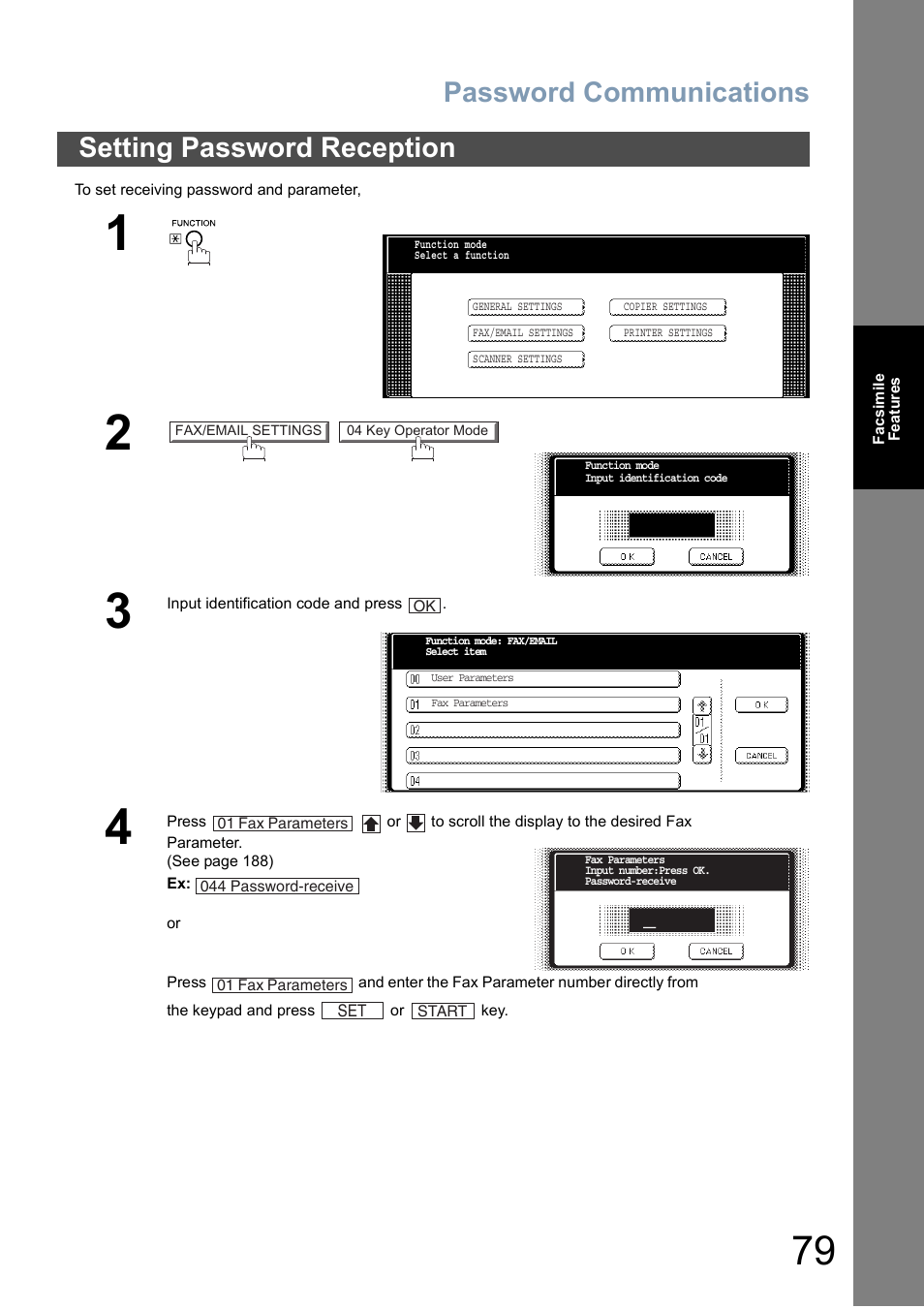 Setting password reception, Password communications | Panasonic DP-6010 User Manual | Page 79 / 228