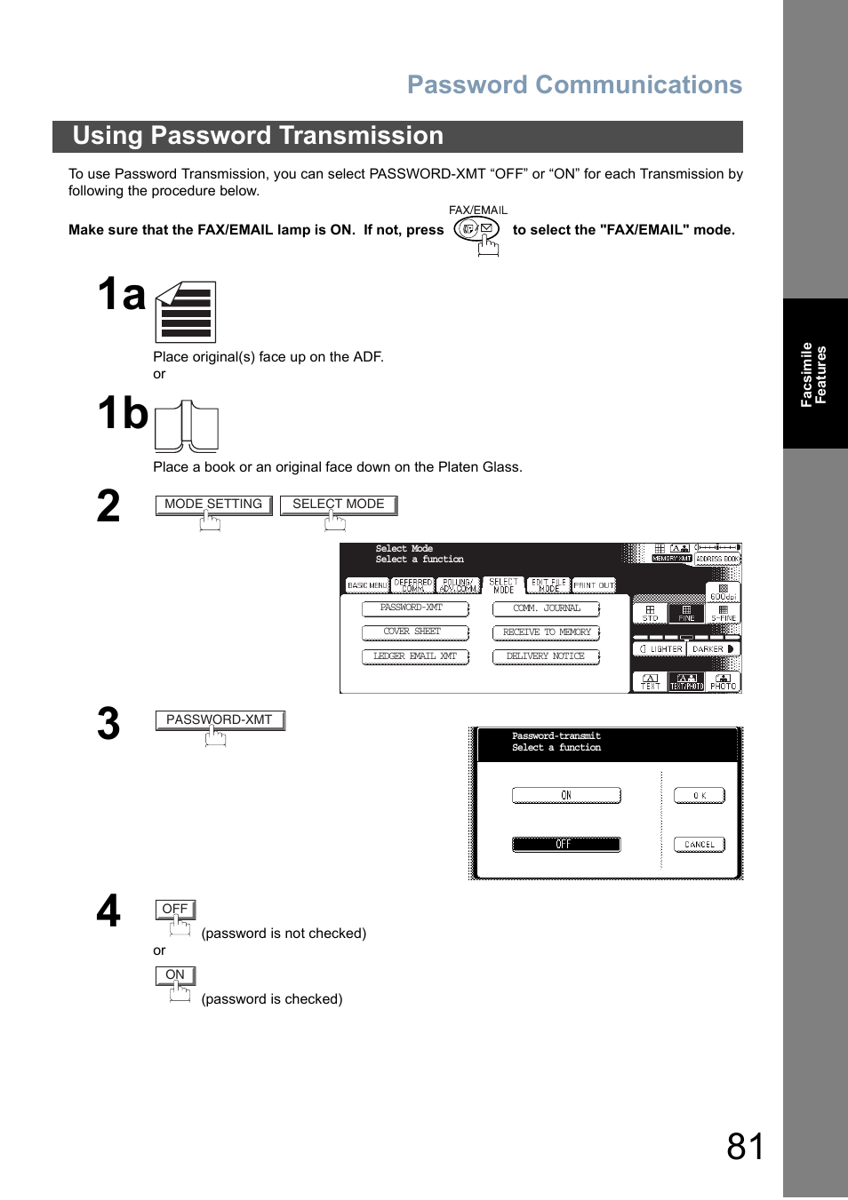 Using password transmission, Password communications | Panasonic DP-6010 User Manual | Page 81 / 228