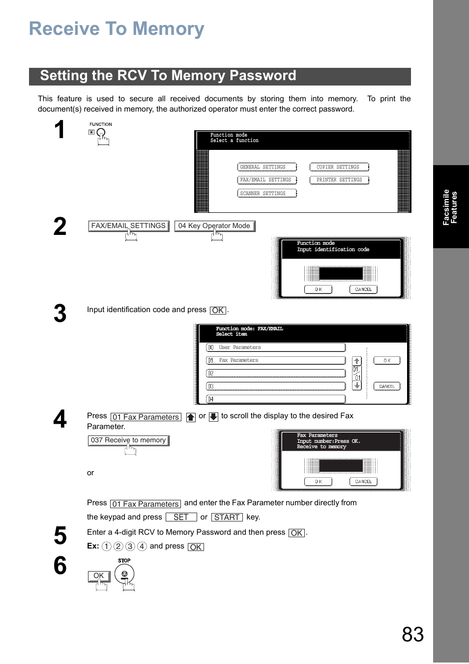 Receive to memory, Setting the rcv to memory password | Panasonic DP-6010 User Manual | Page 83 / 228