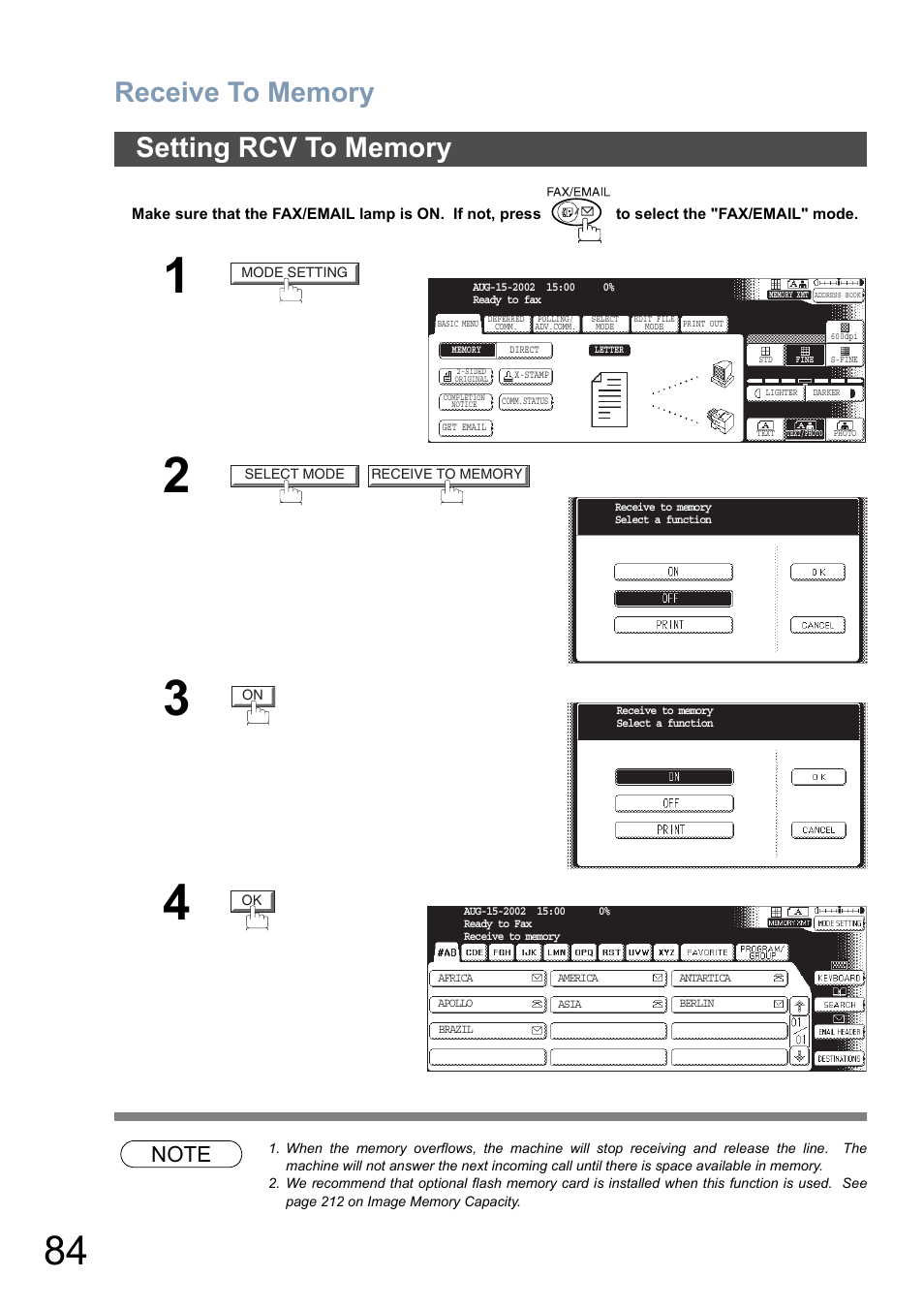 Setting rcv to memory | Panasonic DP-6010 User Manual | Page 84 / 228