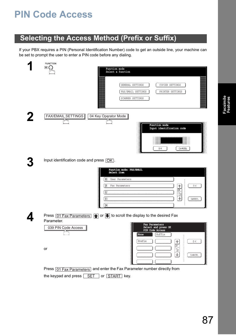 Pin code access, Selecting the access method (prefix or suffix) | Panasonic DP-6010 User Manual | Page 87 / 228