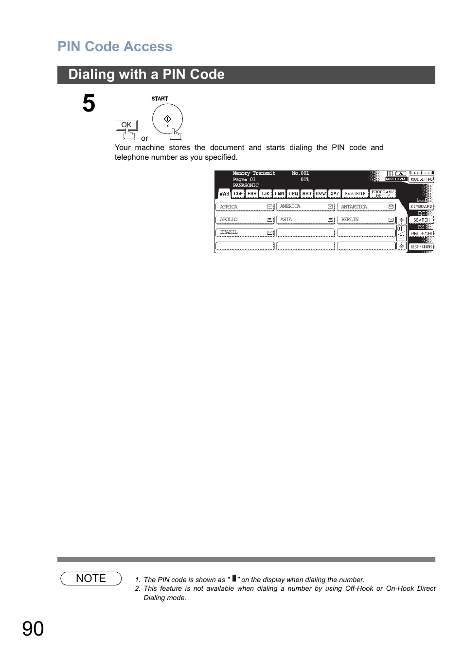 Pin code access, Dialing with a pin code | Panasonic DP-6010 User Manual | Page 90 / 228