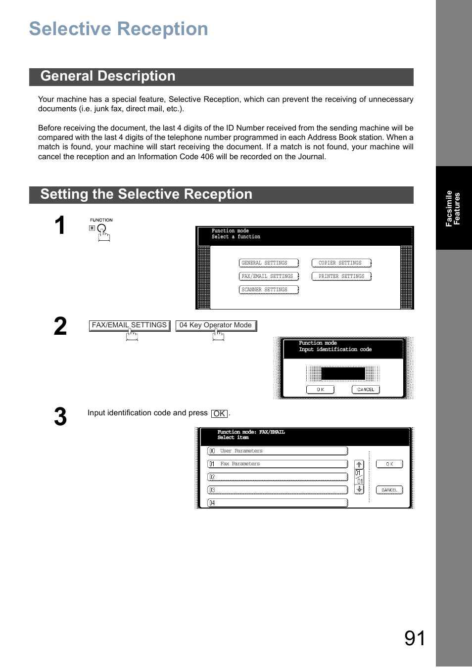 Selective reception, General description, Setting the selective reception | Panasonic DP-6010 User Manual | Page 91 / 228