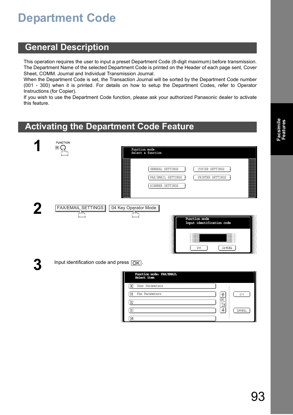 Department code, General description, Activating the department code feature | Panasonic DP-6010 User Manual | Page 93 / 228