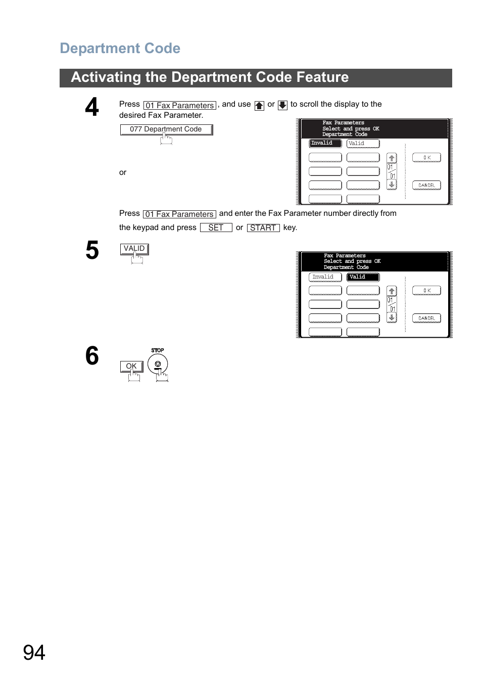 Department code, Activating the department code feature | Panasonic DP-6010 User Manual | Page 94 / 228