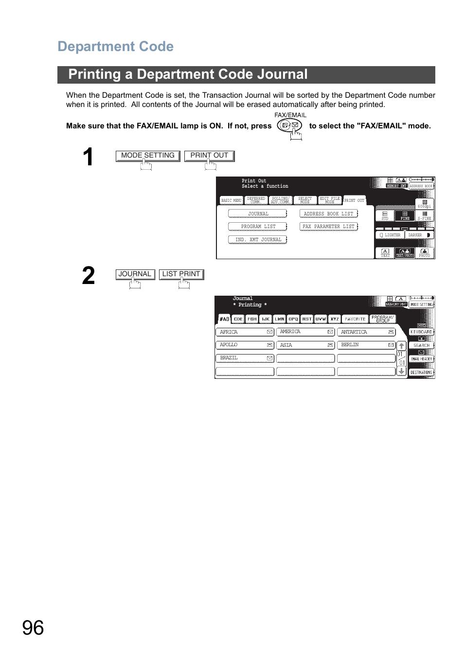 Printing a department code journal, Department code | Panasonic DP-6010 User Manual | Page 96 / 228