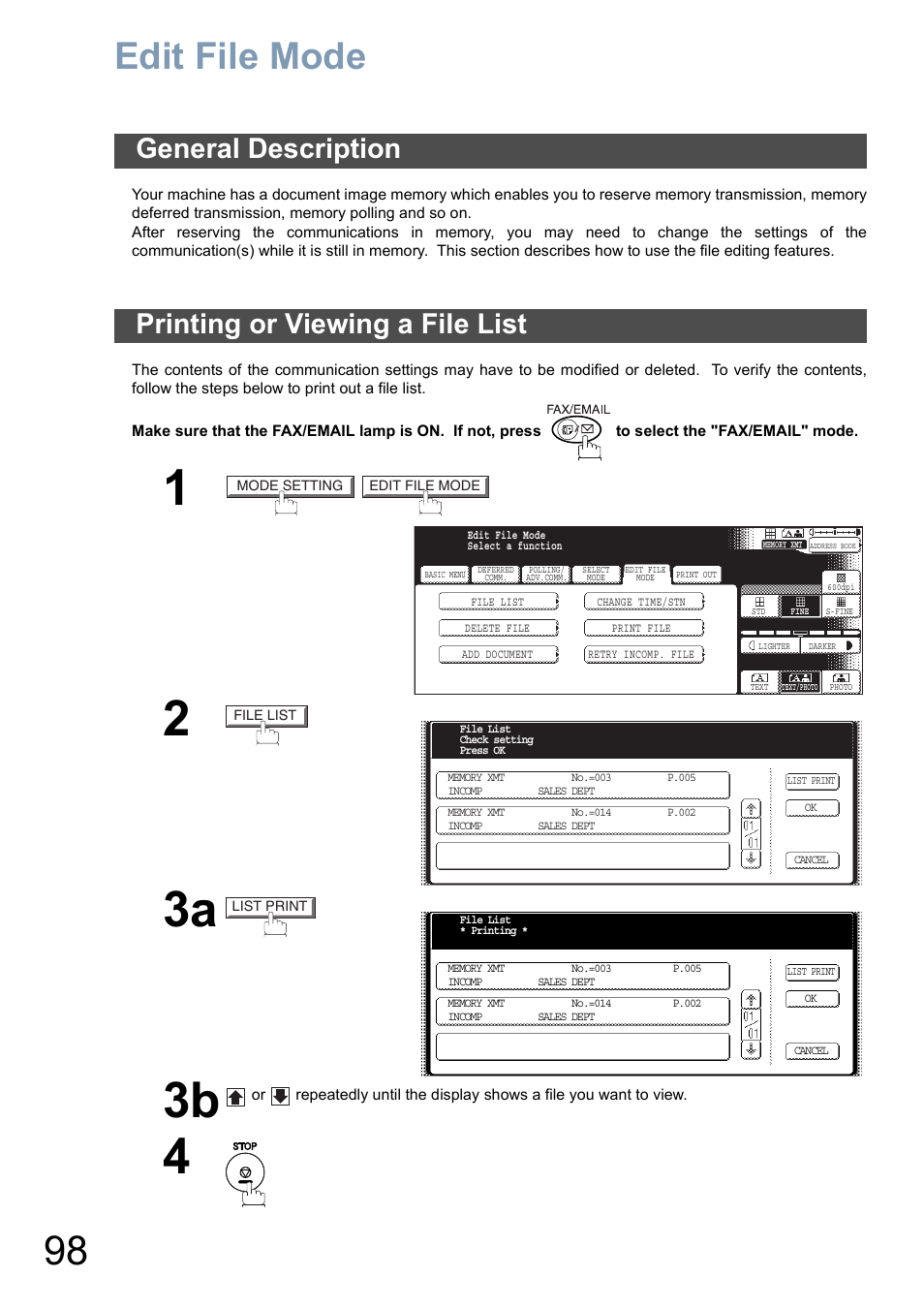 Edit file mode, General description, Printing or viewing a file list | 23a 3b | Panasonic DP-6010 User Manual | Page 98 / 228