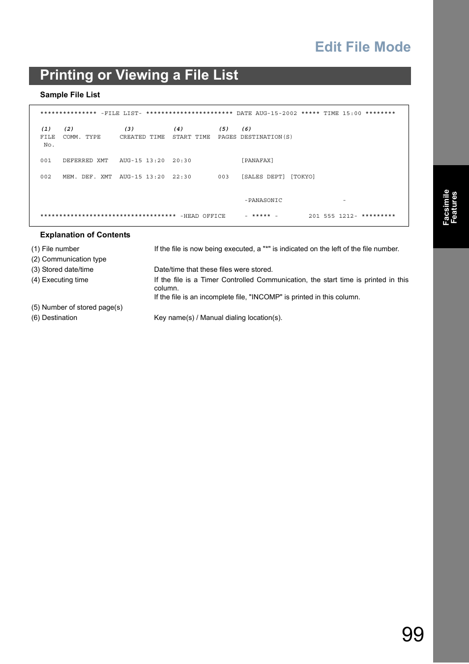 Edit file mode, Printing or viewing a file list | Panasonic DP-6010 User Manual | Page 99 / 228