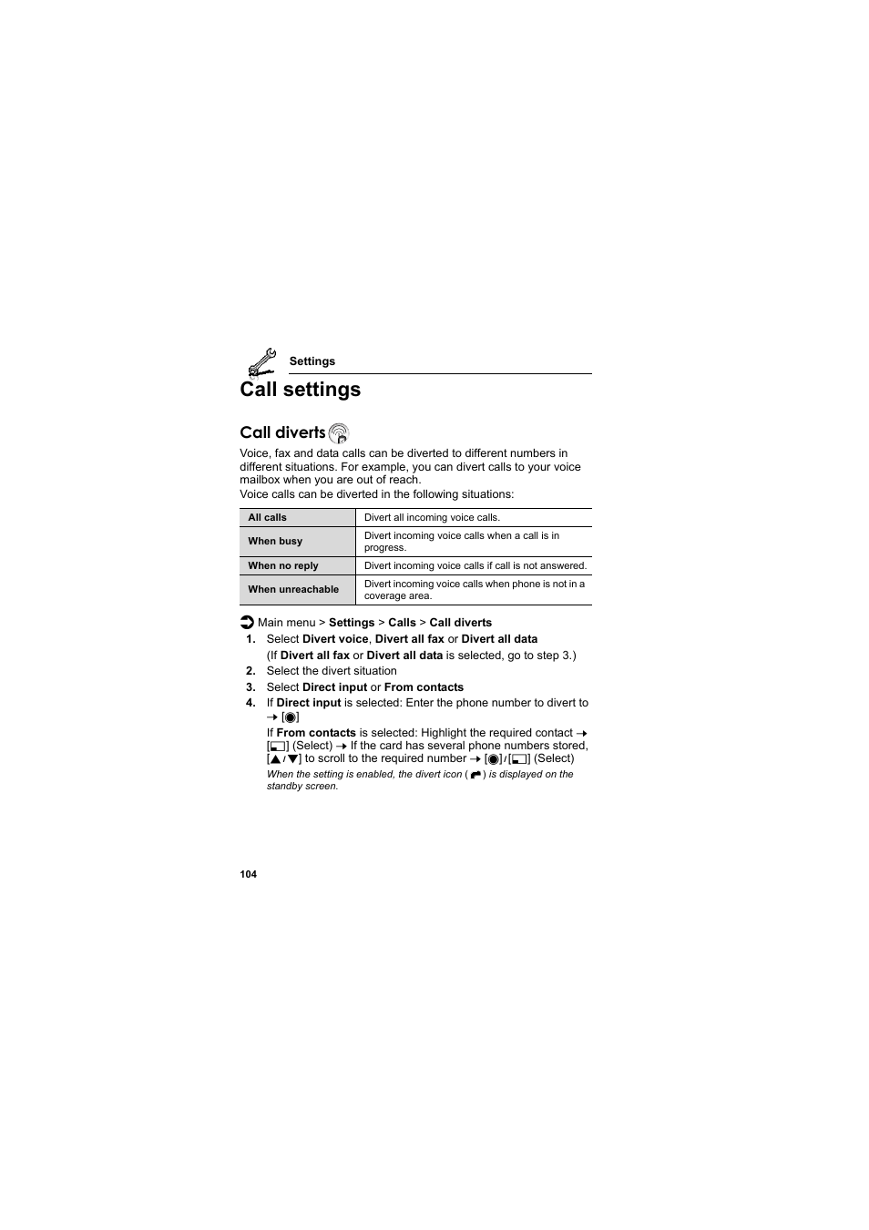 Call settings, Call diverts | Panasonic EB-VS2  EN User Manual | Page 107 / 170