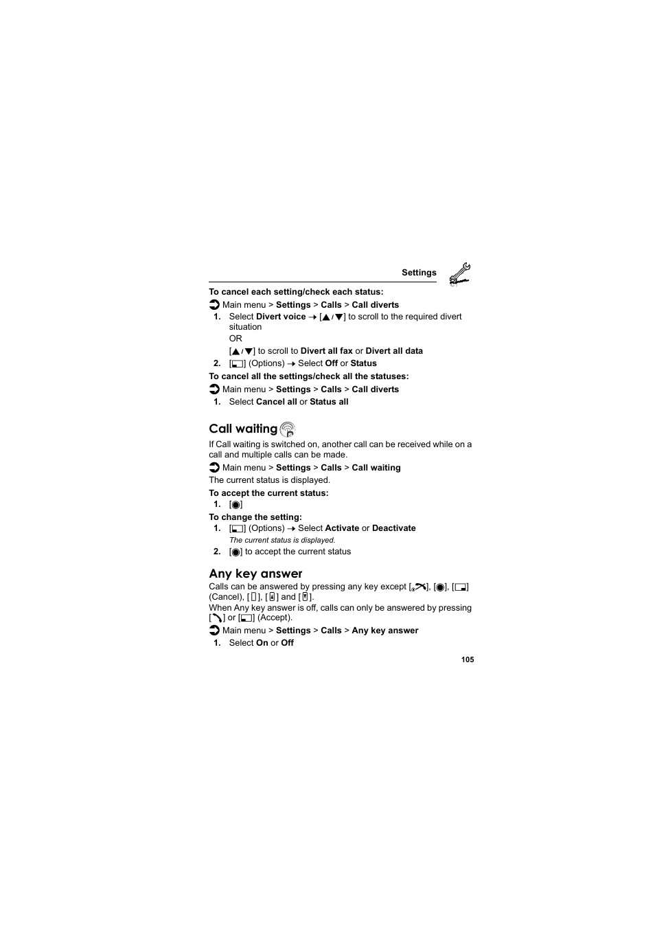 Call waiting, Any key answer | Panasonic EB-VS2  EN User Manual | Page 108 / 170