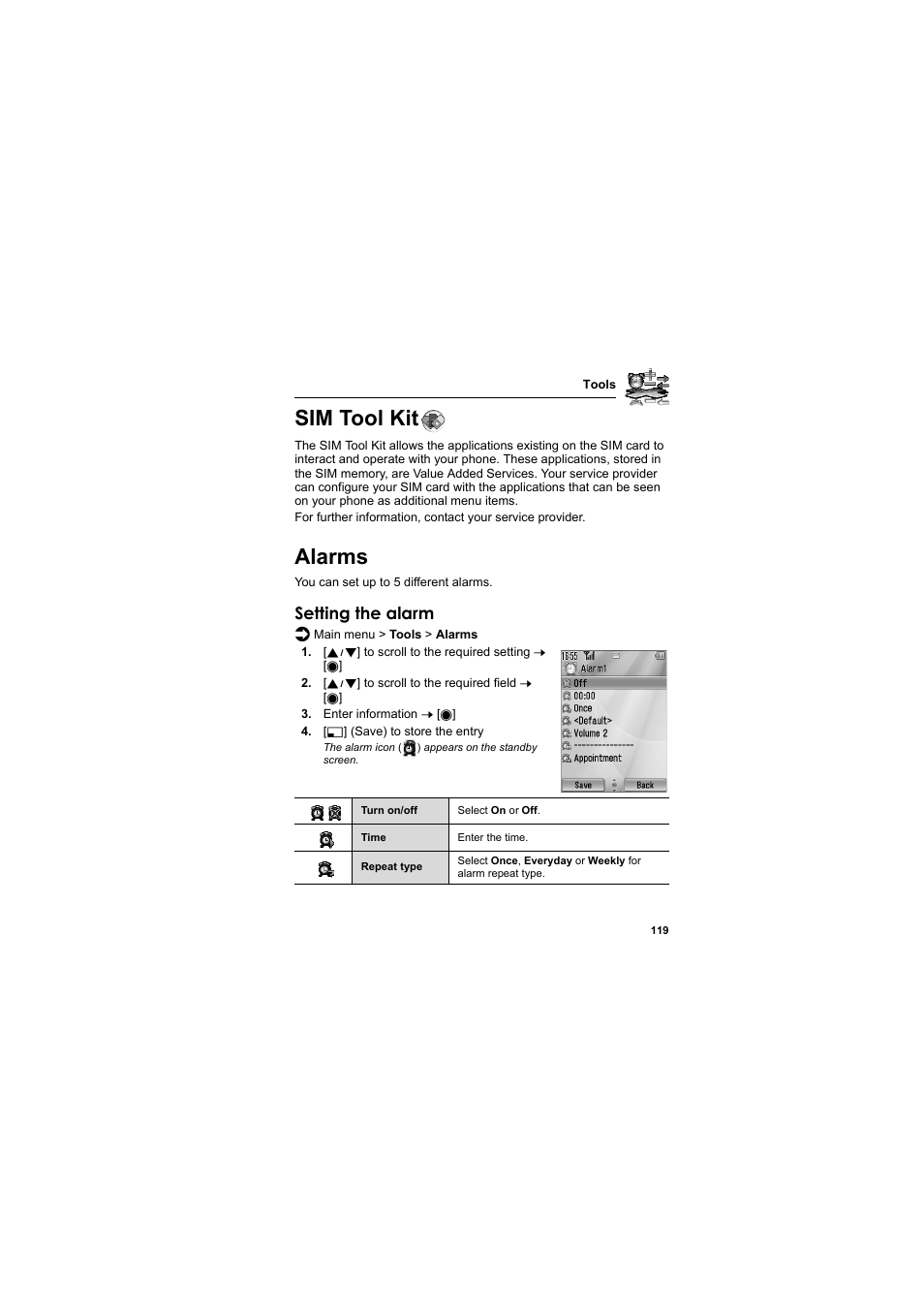 Sim tool kit, Alarms, Sim tool kit alarms | Setting the alarm | Panasonic EB-VS2  EN User Manual | Page 122 / 170