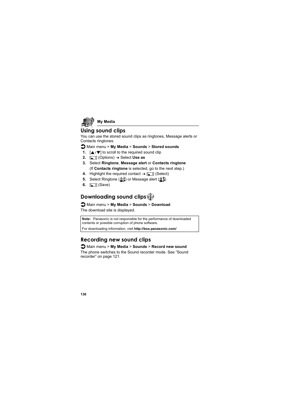 Using sound clips, Downloading sound clips, Recording new sound clips | Panasonic EB-VS2  EN User Manual | Page 139 / 170