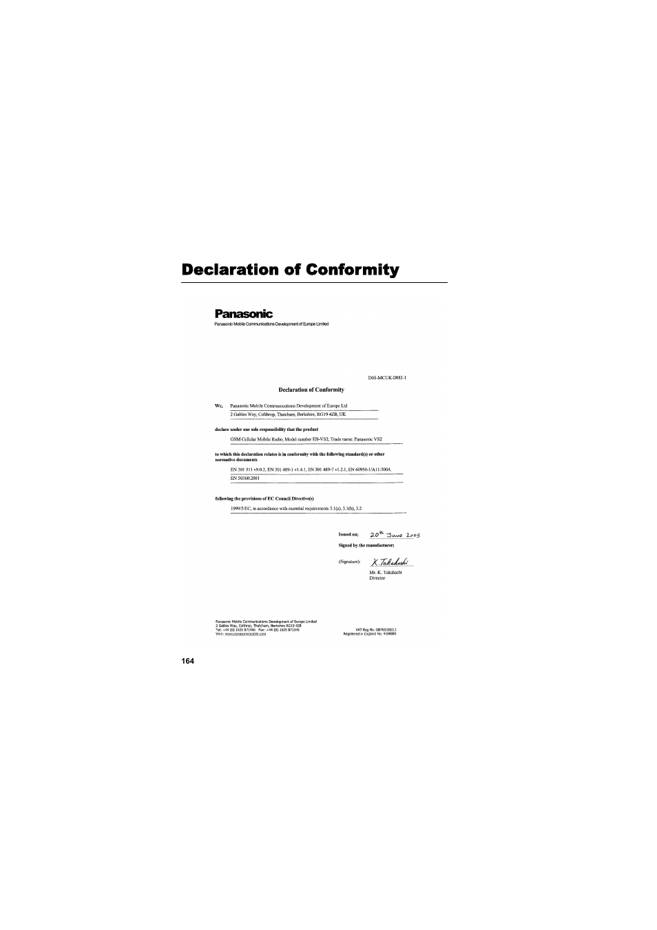 Declaration of conformity, Declaration of, Conformity | Panasonic EB-VS2  EN User Manual | Page 167 / 170