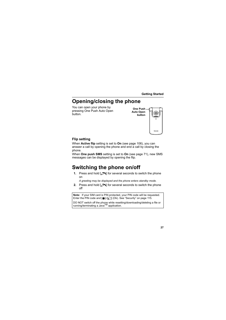 Opening/closing the phone, Switching the phone on/off | Panasonic EB-VS2  EN User Manual | Page 30 / 170