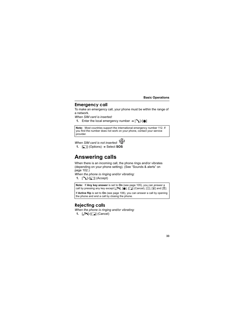 Answering calls, Emergency call, Rejecting calls | Panasonic EB-VS2  EN User Manual | Page 36 / 170