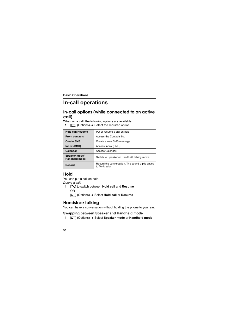 In-call operations, Hold, Handsfree talking | Panasonic EB-VS2  EN User Manual | Page 39 / 170