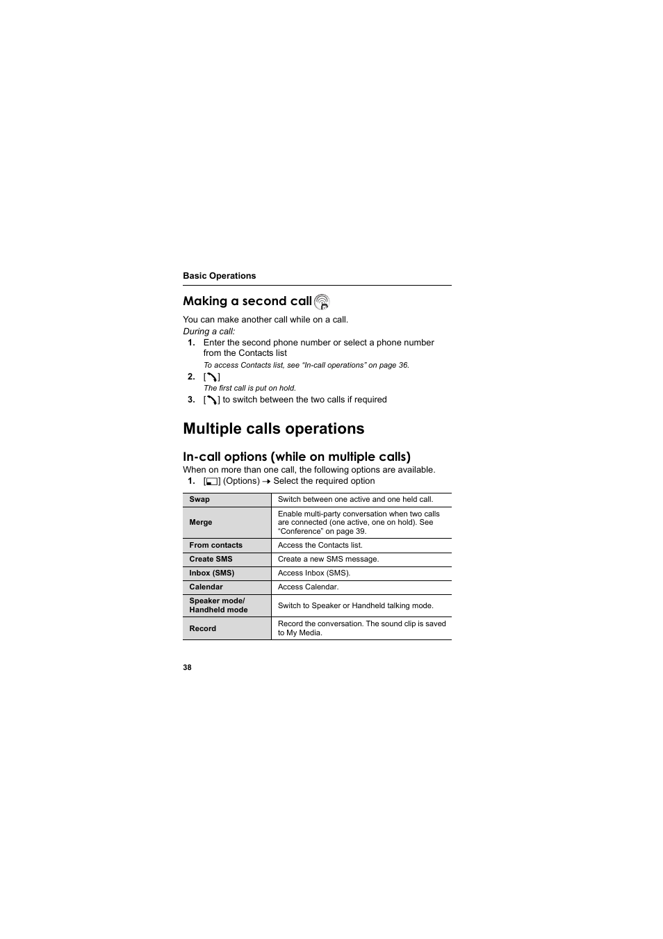 Multiple calls operations, Making a second call, In-call options (while on multiple calls) | Panasonic EB-VS2  EN User Manual | Page 41 / 170