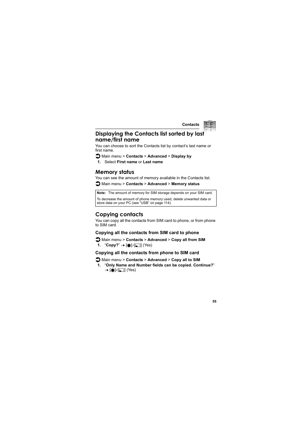 Copying contacts | Panasonic EB-VS2  EN User Manual | Page 58 / 170