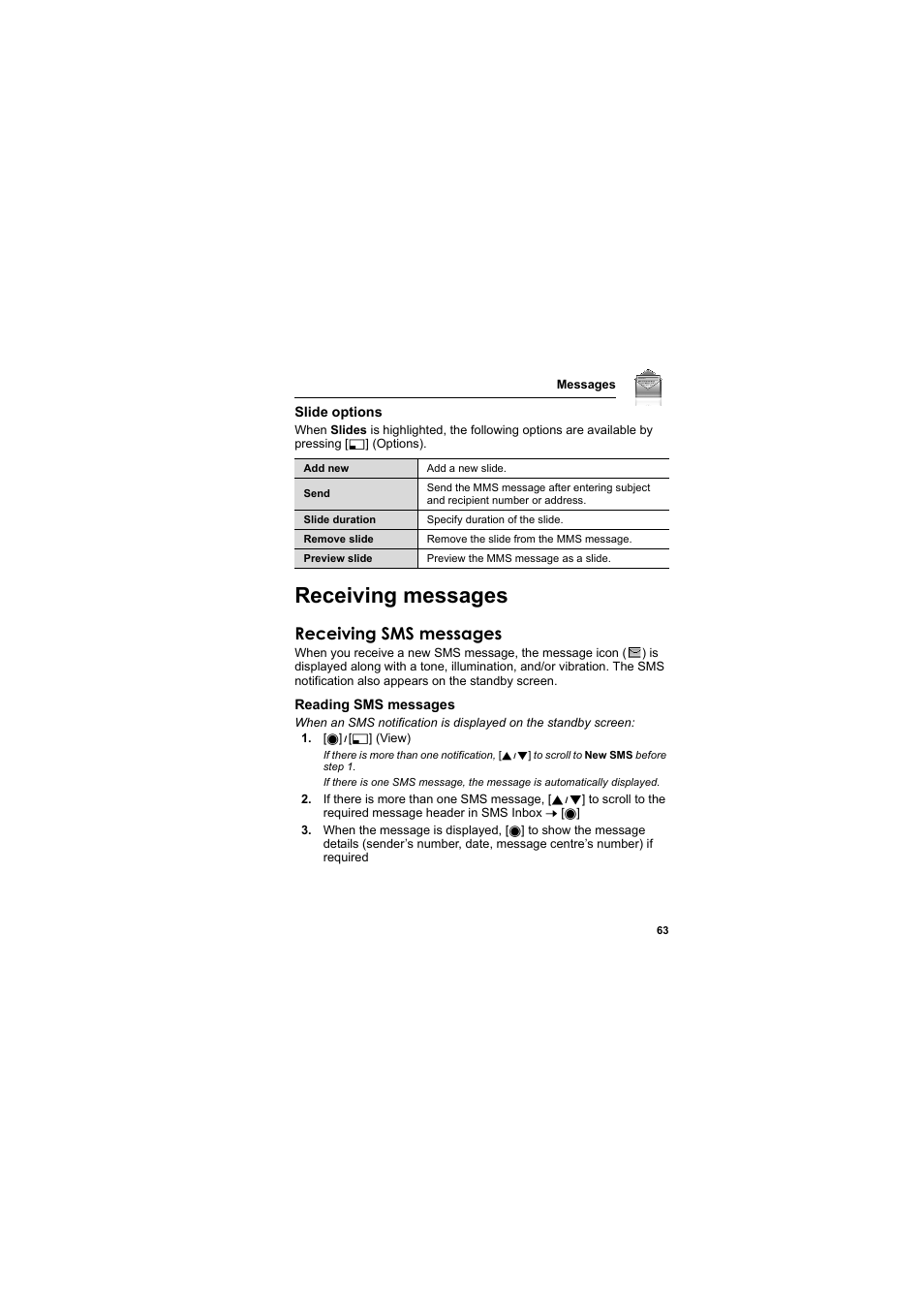 Receiving messages, Receiving sms messages | Panasonic EB-VS2  EN User Manual | Page 66 / 170