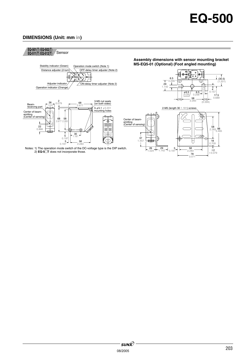 Eq-500, Dimensions (unit: mm in ), Sensor | Panasonic EQ-500 Series User Manual | Page 10 / 10