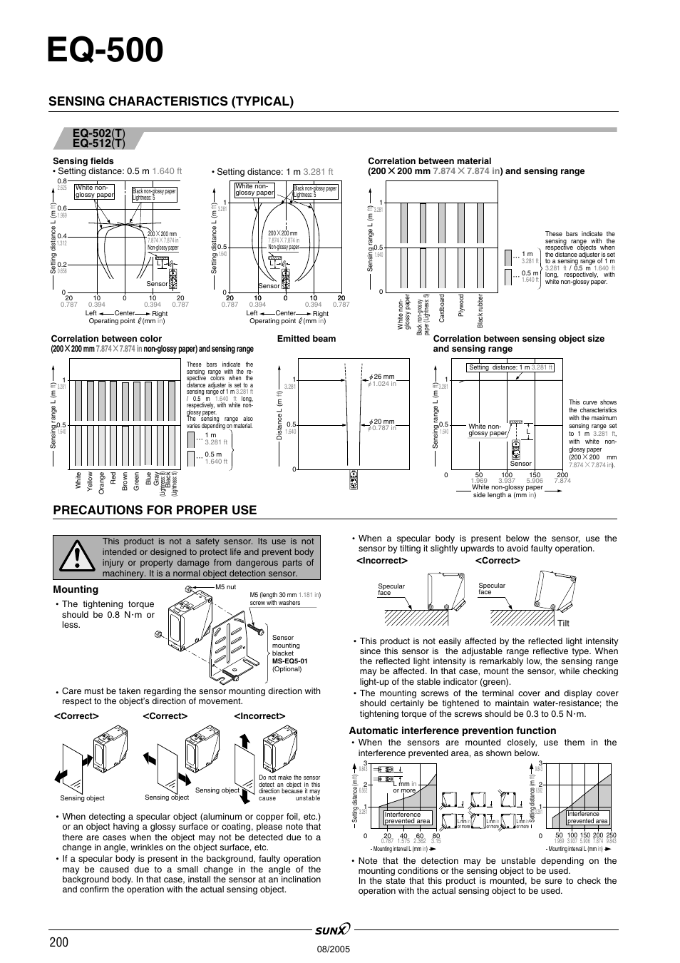 Eq-500, Sensing characteristics (typical), Precautions for proper use | Mounting, Automatic interference prevention function | Panasonic EQ-500 Series User Manual | Page 7 / 10