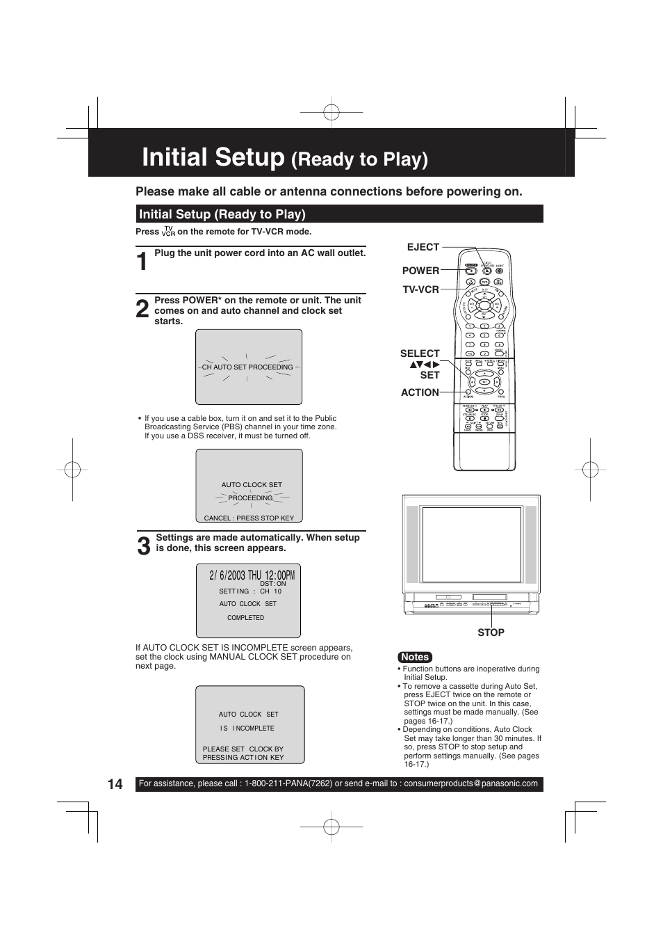 Initial setup (ready to play), Initial setup, Ready to play) | Panasonic PV-DF2703 User Manual | Page 14 / 80