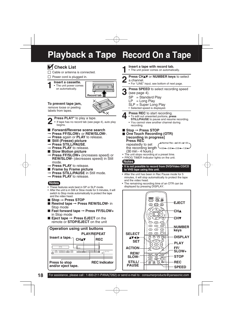 Basic operation, Playback a tape, Record on a tape | Record on a tape playback a tape 1 | Panasonic PV-DF2703 User Manual | Page 18 / 80
