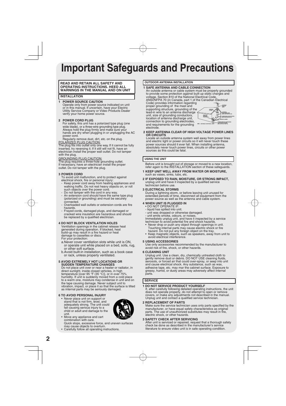 Initial setup, Important safeguards and precautions, Important safeguards and pre cau tions | Panasonic PV-DF2703 User Manual | Page 2 / 80