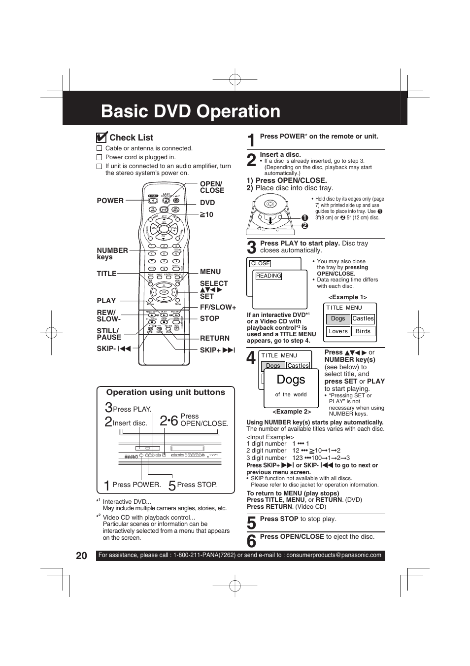 Basic dvd operation, Dogs, Check list | Operation using unit buttons | Panasonic PV-DF2703 User Manual | Page 20 / 80